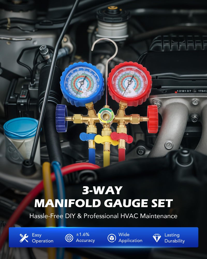 Orion Motor Tech AC Gauges  AC Manifold Gauge Set for R134a R12 R22 R502  3 Way Automotive AC Gauge Set with Antishock Gauges Hoses Couplers Adapter  Puncturing Can Tap Freon Recharge Kit - Image 2
